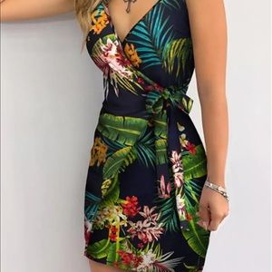 Tropical Print V Neck Wrap Casual Dress for Summer